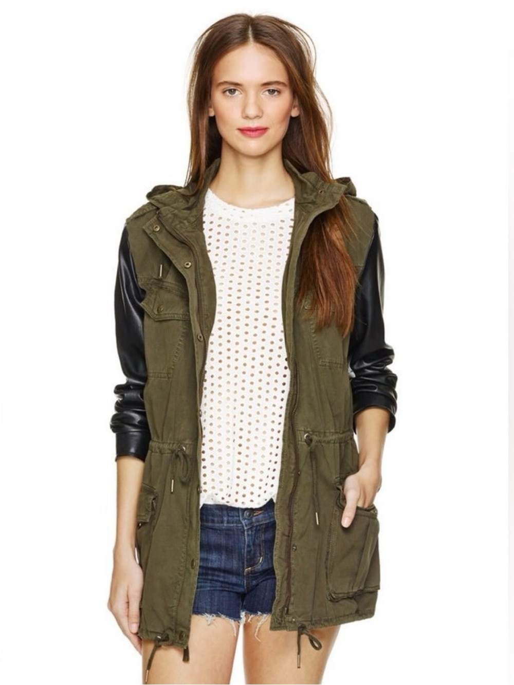 Aritzia Olive Green Utility Jacket with Black Faux Leather Sleeves
